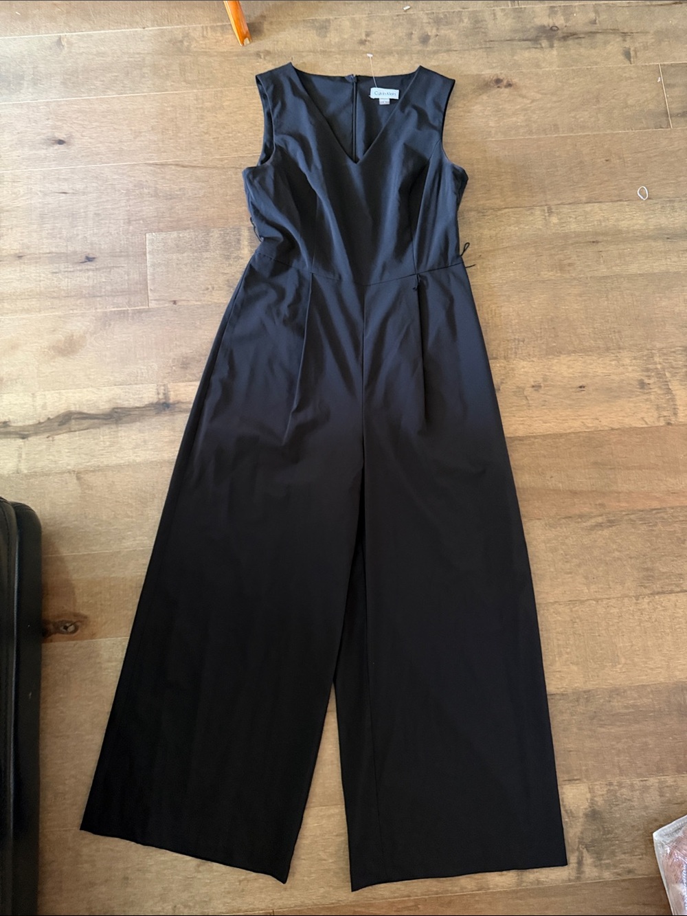 Calvin Klein Black Sleeveless V-Neck Wide-Leg Jumpsuit missing Waist Tie
